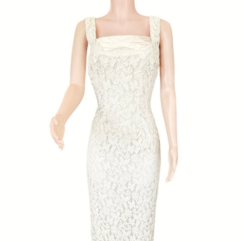 Vintage Filcol New York Lace Wiggle Pencil Sheath Dress Long Bow Size Small